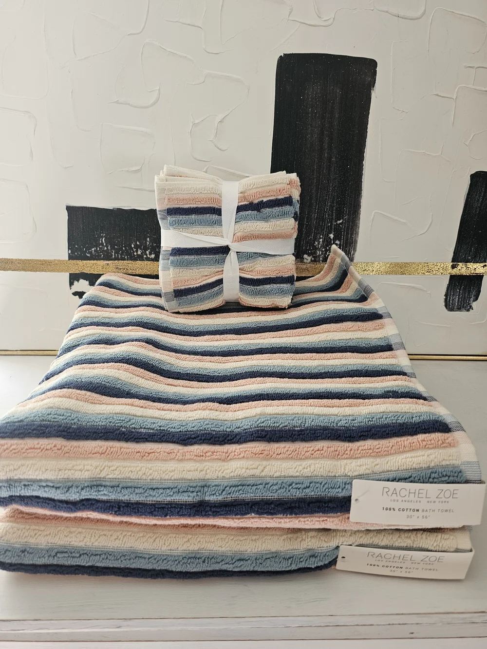 Rachel Zoe Striped Cotton Bath Towels - Blue, Pink, Cream Pastel 6 Pc Set